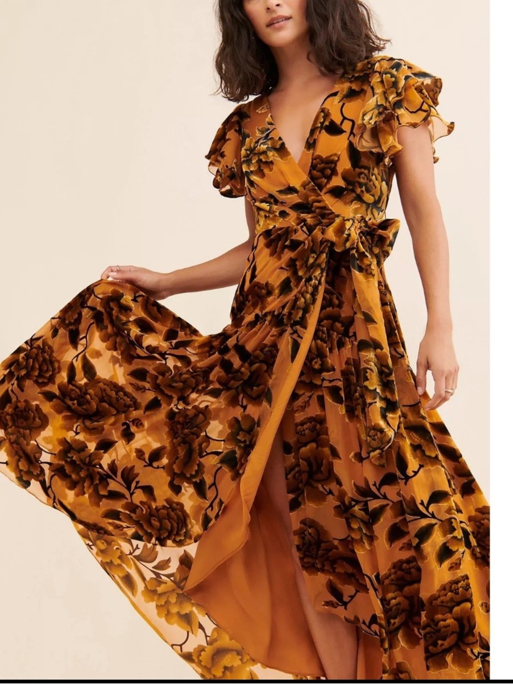 Anthropologie Hutch Zola Velvet Maxi Dress Gold Floral Burnout Wrap Romantic